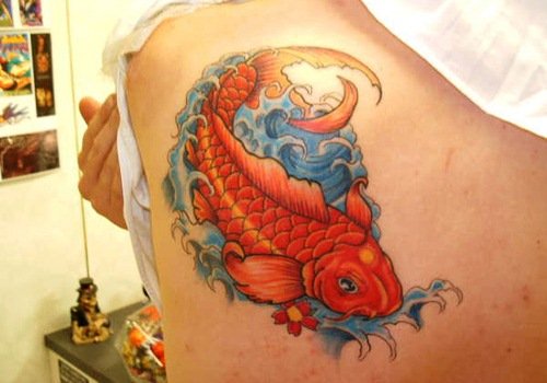 Left Back Shoulder Orange Carp Fish Tattoo